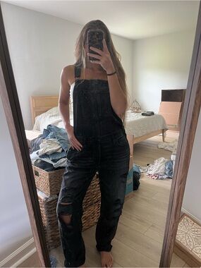 Black Distressed Denim Overalls for Women